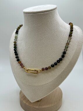 Hand-Knotted Watermelon Tourmaline Necklace, Charm Holder Clasp, 16 in
